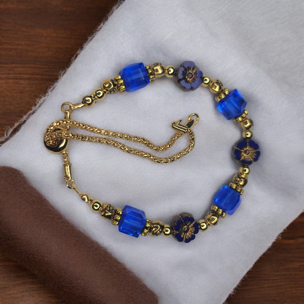Stunning Blue and Gold Bracelet with Adjustable Chain